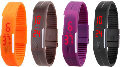 Kissu Led Magnet Band Combo of 4 Orange, Brown, Purple And Black Watch - For Men & Women