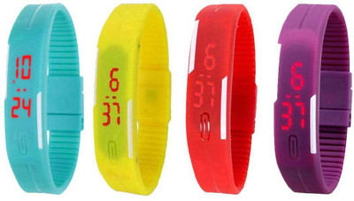 Kissu Led Magnet Band Combo of 4 Sky Blue, Yellow, Red And Purple Watch - For Men & Women
