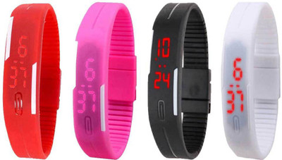 Kissu Led Magnet Band Combo of 4 Red, Pink, Black And White Watch - For Men & Women