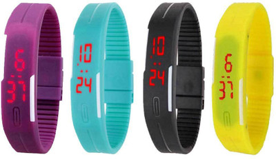 NS18 Silicone Led Magnet Band Combo of 4 Purple, Sky Blue, Black And Yellow Watch - For Boys & Girls