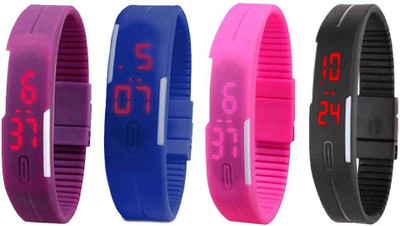 Kissu Led Magnet Band Combo of 4 Purple, Blue, Pink And Black Watch - For Men & Women