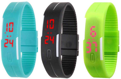 NS18 Silicone Led Magnet Band Combo of 3 Sky Blue, Black And Green Watch - For Boys & Girls