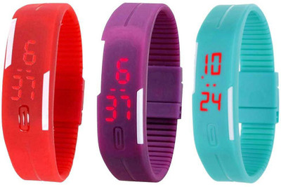 Kissu Led Band Watch Combo of 3 Red, Purple And Sky Blue Watch - For Couple