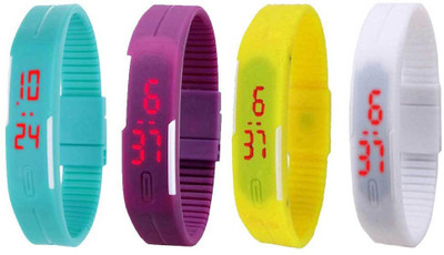 Kissu Led Magnet Band Combo of 4 Sky Blue, Purple, Yellow And White Watch - For Men & Women