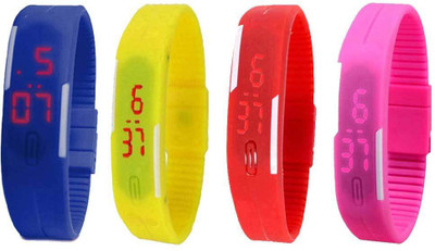 Kissu Led Magnet Band Combo of 4 Blue, Yellow, Red And Pink Watch - For Men & Women