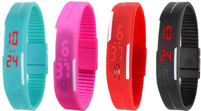 Kissu Led Magnet Band Combo of 4 Sky Blue, Pink, Red And Black Watch - For Men & Women
