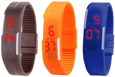 NS18 Silicone Led Magnet Band Combo of 3 Brown, Orange And Blue Watch - For Boys & Girls