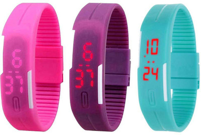 Kissu Led Band Watch Combo of 3 Pink, Purple And Sky Blue Watch - For Couple