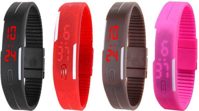 NS18 Silicone Led Magnet Band Combo of 4 Black, Red, Brown And Pink Watch - For Boys & Girls
