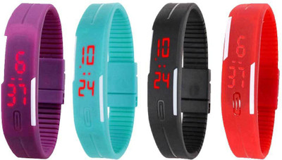 Kissu Led Magnet Band Combo of 4 Purple, Sky Blue, Black And Red Watch - For Men & Women