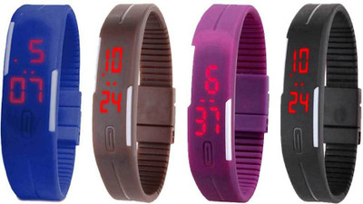 NS18 Silicone Led Magnet Band Combo of 4 Blue, Brown, Purple And Black Watch - For Boys & Girls
