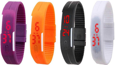 Kissu Led Magnet Band Combo of 4 Purple, Orange, Black And White Watch - For Men & Women