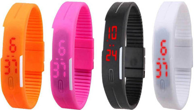 NS18 Silicone Led Magnet Band Combo of 4 Orange, Pink, Black And White Watch - For Boys & Girls