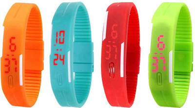 Kissu Led Magnet Band Combo of 4 Orange, Sky Blue, Red And Green Watch - For Men & Women