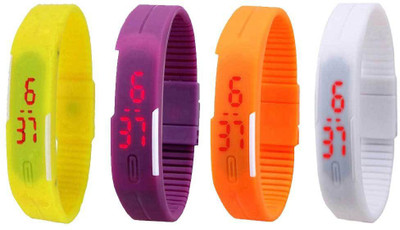 Kissu Led Magnet Band Combo of 4 Yellow, Purple, Orange And White Watch - For Men & Women