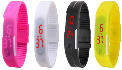 NS18 Silicone Led Magnet Band Combo of 4 Pink, White, Black And Yellow Watch - For Boys & Girls