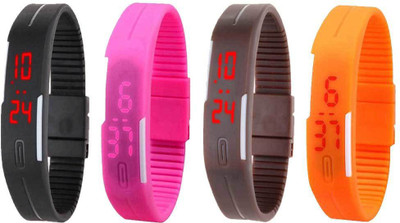 Kissu Led Magnet Band Combo of 4 Black, Pink, Brown And Orange Watch - For Men & Women