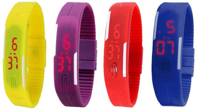 Kissu Led Magnet Band Combo of 4 Yellow, Purple, Red And Blue Watch - For Men & Women