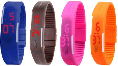 NS18 Silicone Led Magnet Band Combo of 4 Blue, Brown, Pink And Orange Watch - For Boys & Girls