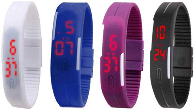 NS18 Silicone Led Magnet Band Combo of 4 White, Blue, Purple And Black Watch - For Boys & Girls