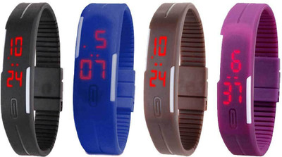 NS18 Silicone Led Magnet Band Watch Combo of 4 Black, Blue, Brown And Purple Watch - For Couple