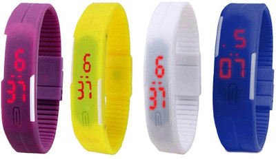 NS18 Silicone Led Magnet Band Combo of 4 Purple, Yellow, White And Blue Watch - For Boys & Girls