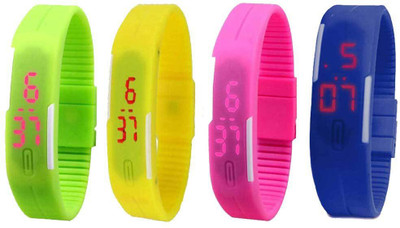 NS18 Silicone Led Magnet Band Combo of 4 Green, Yellow, Pink And Blue Watch - For Boys & Girls