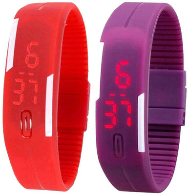 Kissu Led Band Watch Combo of 2 Red And Purple Watch - For Couple