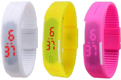 Kissu Led Band Watch Combo of 3 White, Yellow And Pink Watch - For Couple