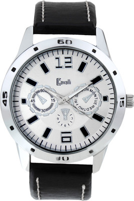 Cavalli CW110 Silver Dial Black Leather Strap Watch - For Men