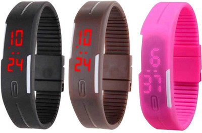 NS18 Silicone Led Magnet Band Combo of 3 Black, Brown And Pink Watch - For Boys & Girls