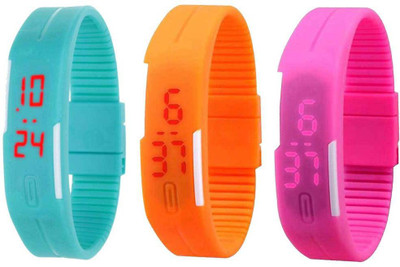 Kissu Led Band Watch Combo of 3 Sky Blue, Orange And Pink Watch - For Couple