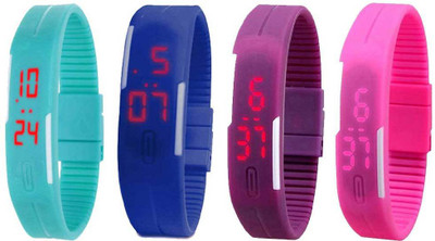 NS18 Silicone Led Magnet Band Watch Combo of 4 Sky Blue, Blue, Purple And Pink Watch - For Couple