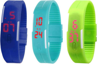 Kissu Led Band Watch Combo of 3 Blue, Sky Blue And Green Watch - For Couple