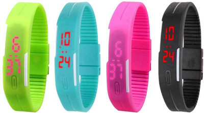 NS18 Silicone Led Magnet Band Combo of 4 Green, Sky Blue, Pink And Black Watch - For Boys & Girls