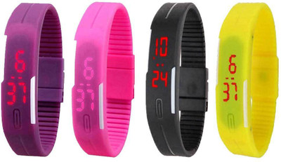 Kissu Led Magnet Band Combo of 4 Purple, Pink, Black And Yellow Watch - For Men & Women