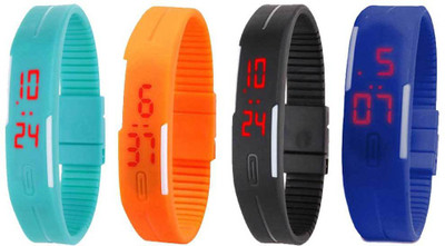 Kissu Led Magnet Band Combo of 4 Sky Blue, Orange, Black And Blue Watch - For Men & Women