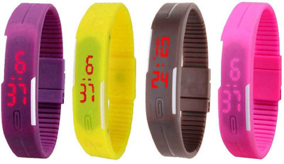 Kissu Led Magnet Band Combo of 4 Purple, Yellow, Brown And Pink Watch - For Men & Women
