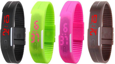NS18 Silicone Led Magnet Band Combo of 4 Black, Green, Pink And Brown Watch - For Boys & Girls