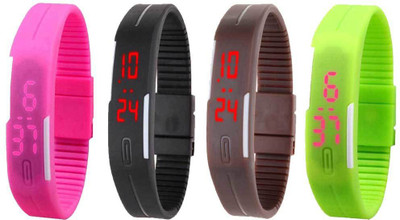 Kissu Led Magnet Band Combo of 4 Pink, Black, Brown And Green Watch - For Men & Women
