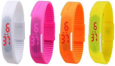 NS18 Silicone Led Magnet Band Combo of 4 White, Pink, Orange And Yellow Watch - For Boys & Girls