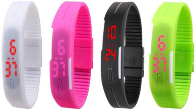 Kissu Led Magnet Band Combo of 4 White, Pink, Black And Green Watch - For Men & Women
