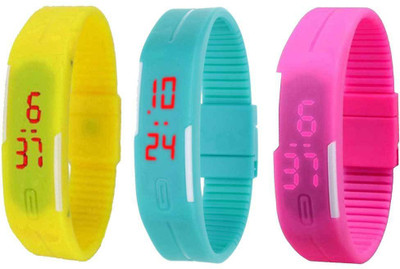 Kissu Led Band Watch Combo of 3 Yellow, Sky Blue And Pink Watch - For Couple