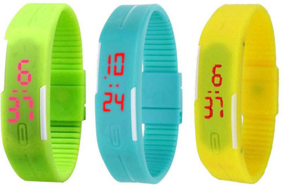 NS18 Silicone Led Magnet Band Combo of 3 Green, Sky Blue And Yellow Watch - For Boys & Girls
