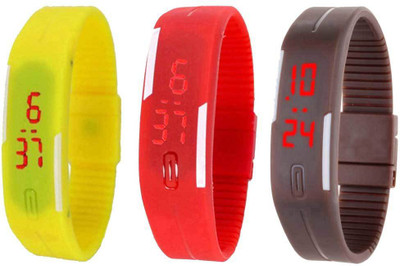 NS18 Silicone Led Magnet Band Combo of 3 Yellow, Red And Brown Watch - For Boys & Girls