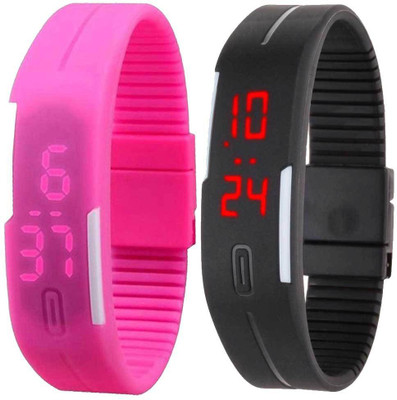 NS18 Silicone Led Magnet Band Set of 2 Pink And Black Watch - For Boys & Girls