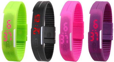 NS18 Silicone Led Magnet Band Watch Combo of 4 Green, Black, Pink And Purple Watch - For Couple