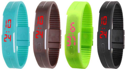 Kissu Led Magnet Band Combo of 4 Sky Blue, Brown, Green And Black Watch - For Men & Women