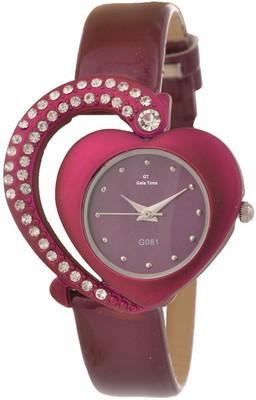GT Gala Time Pink Leather Heart Shape Diamond Studded Watch - For Women