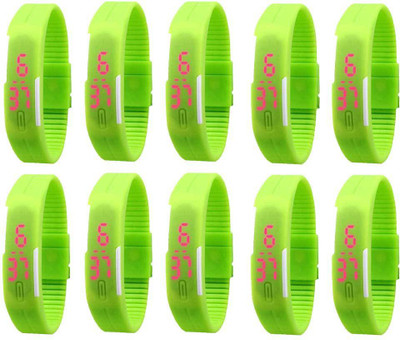 Kissu Led Magnet Band Combo of 10 Green Watch - For Men & Women